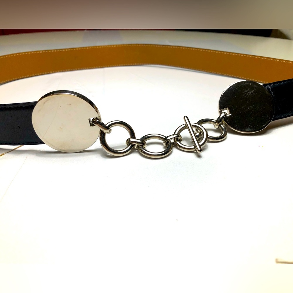 Laura Black Leather Belt with Silver Chain Buckle Closure